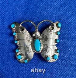 Marked FY Native American Design Sterling & Turquoise Butterfly Pin Brooch