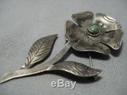 Marvelous Vintage Navajo Flower Sterling Silver Turquoise Pin Old