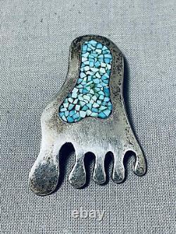 Marvelous Vintage Navajo Turquoise Sterling Silver Foot Pin Signed