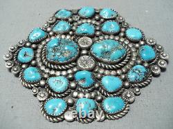 Massive Vintage Navajo Native American Old Kingman Turquoise Sterling Silver Pin