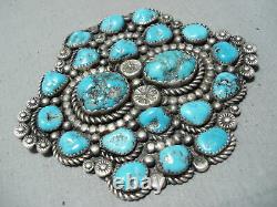 Massive Vintage Navajo Native American Old Kingman Turquoise Sterling Silver Pin