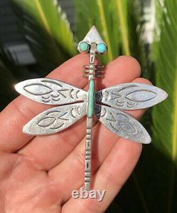 Massive Vtg Navajo Sterling Silver Stamped Turquoise DRAGONFLY Pin Brooch 3.25