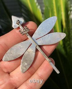 Massive Vtg Navajo Sterling Silver Stamped Turquoise DRAGONFLY Pin Brooch 3.25