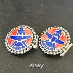 Mens Cuff Links Zuni Blue Lapis Spiny Oyster Kachina Sterling Silver Inlay 20285