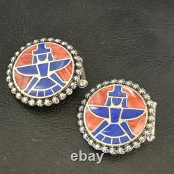 Mens Cuff Links Zuni Blue Lapis Spiny Oyster Kachina Sterling Silver Inlay 20285