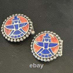 Mens Cuff Links Zuni Blue Lapis Spiny Oyster Kachina Sterling Silver Inlay 20285