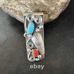 Mens Women Blue Turquoise Coral Navajo Stainless Stamped Silver Money Clip 19735