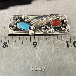 Mens Women Blue Turquoise Coral Navajo Stainless Stamped Silver Money Clip 19735