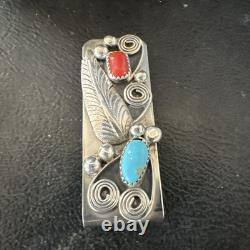 Mens Women Blue Turquoise Coral Navajo Stainless Stamped Silver Money Clip 19735