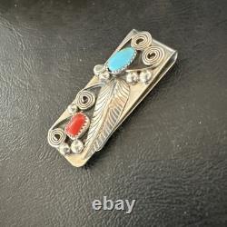 Mens Women Blue Turquoise Coral Navajo Stainless Stamped Silver Money Clip 19735