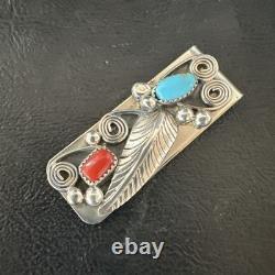 Mens Women Blue Turquoise Coral Navajo Stainless Stamped Silver Money Clip 19735