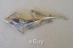Michael Little Elk sandcast lizard pin + pendant brooch 5.75 x 2 signed inlaid
