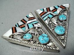 Most Intrciate Vintage Navajo Turquoise Inlay Sterling Silver Collar Protectors