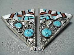 Most Intrciate Vintage Navajo Turquoise Inlay Sterling Silver Collar Protectors