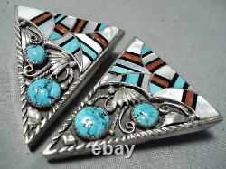 Most Intrciate Vintage Navajo Turquoise Inlay Sterling Silver Collar Protectors