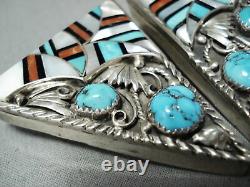 Most Intrciate Vintage Navajo Turquoise Inlay Sterling Silver Collar Protectors