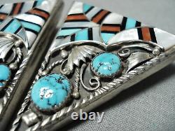 Most Intrciate Vintage Navajo Turquoise Inlay Sterling Silver Collar Protectors