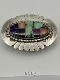 Multi-Stone Inlay Pin Brooch Navajo John Charley Sterling Silver Turquoise Coral