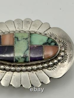 Multi-Stone Inlay Pin Brooch Navajo John Charley Sterling Silver Turquoise Coral