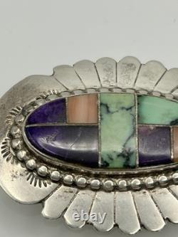 Multi-Stone Inlay Pin Brooch Navajo John Charley Sterling Silver Turquoise Coral