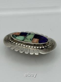 Multi-Stone Inlay Pin Brooch Navajo John Charley Sterling Silver Turquoise Coral