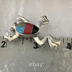 Multicolor Frog Turquoise Navajo Sterling Silver Inlay Pin Pendant 1.5 20231
