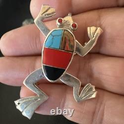 Multicolor Frog Turquoise Navajo Sterling Silver Inlay Pin Pendant 1.5 20231