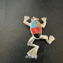 Multicolor Frog Turquoise Navajo Sterling Silver Inlay Pin Pendant 1.5 20231