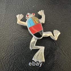 Multicolor Frog Turquoise Navajo Sterling Silver Inlay Pin Pendant 1.5 20231