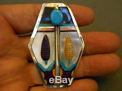 Multistone inlay sterling silver corn pin or pendant 2 7/8 x 2