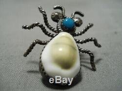 Museum Quality Vintage Navajo Bug Turquoise Shell Sterling Silver Pin Old