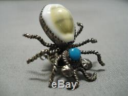 Museum Quality Vintage Navajo Bug Turquoise Shell Sterling Silver Pin Old