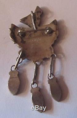 N AMERICA ZUNI STERLING PIN PENDANT With ONYX MOP TURQ CORAL 3 DANGLES K LATAGIA