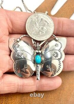 N Silago Signed Navajo Sterling Silver Turquoise Butterfly Pendant Pin Necklace