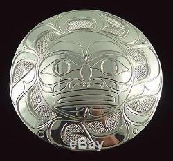 N. W. Coast Native American Hand Carved Sterling Silver Moon Motif Pendant / Pin