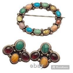 NAKAI Native American Navajo Multi Stone Sterling Silver Pin Earrings Set