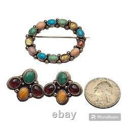 NAKAI Native American Navajo Multi Stone Sterling Silver Pin Earrings Set