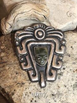 NATIONAL SILVER Crved Jade MAYAN GOD C Clasp Pin Brooch 29g Made in Mexico