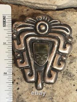 NATIONAL SILVER Crved Jade MAYAN GOD C Clasp Pin Brooch 29g Made in Mexico