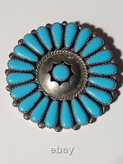 NATIVE AMERICAN Petit Point Shadow Box TURQUOISE BROOCH LARGE SILVER PIN