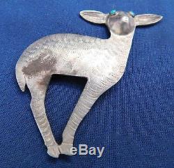 NATIVE AMERICAN STERLING 2 TURQUOISE Stamped Vintage FAWN PIN Estate