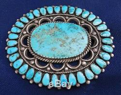 NATIVE AMERICAN STERLING Large TURQUOISE n Cabs HANDMADE Vintage PIN Estate