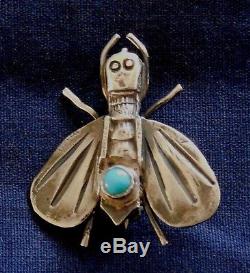 NATIVE AMERICAN STERLING Silver Stamped TURQUOISE Ladys Vintage BUG PIN Estate
