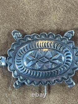 NAVAJO 925 Silver Vintage Shiny Patterned Turtle Motif Brooch Pin Signed NL