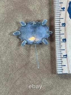 NAVAJO 925 Silver Vintage Shiny Patterned Turtle Motif Brooch Pin Signed NL