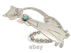 NAVAJO 925 Sterling Silver Vintage Cunning Turquoise Cat Brooch Pin BP10369