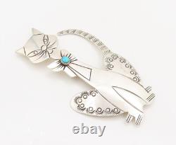 NAVAJO 925 Sterling Silver Vintage Cunning Turquoise Cat Brooch Pin BP10369