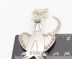 NAVAJO 925 Sterling Silver Vintage Cunning Turquoise Cat Brooch Pin BP10369