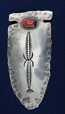 NAVAJO H. RATION STERLING Stamped Domed CORAL HANDMADE Vint ARROWHEAD PIN Estate