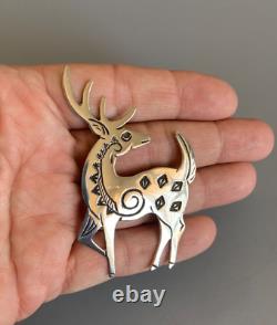 NAVAJO LC Lee Charley LARGE Sterling Hand Stamped Jumping Deer Reindeer Pin NWOT